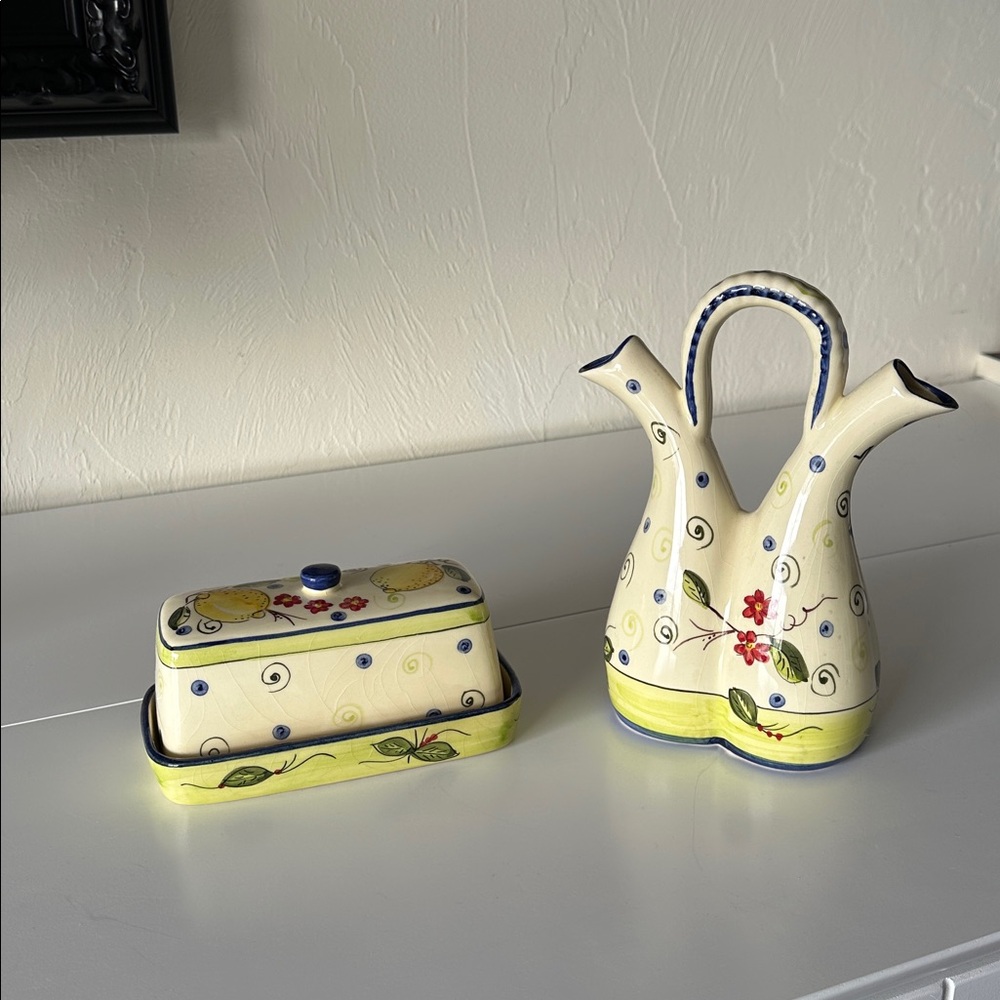 Lemon Design Ceramic Butter Dish and Cruet Set Made in Portugal